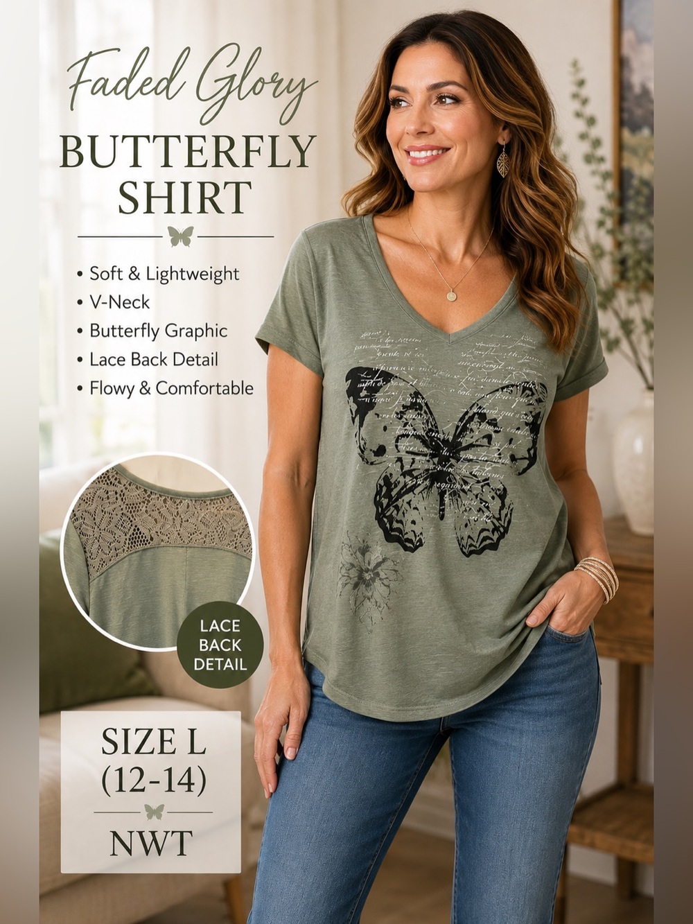 NWT Faded Glory Sage Green Butterfly Lace Back Top L 12-14